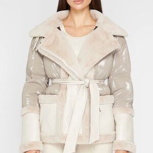 Maniere De Voire Vegan Leather and Plush Puffer Jacket with Belt - Beige